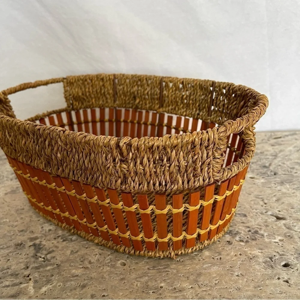 Unique, vintage, oval, boho rattan and bamboo decorative fruit/storage basket